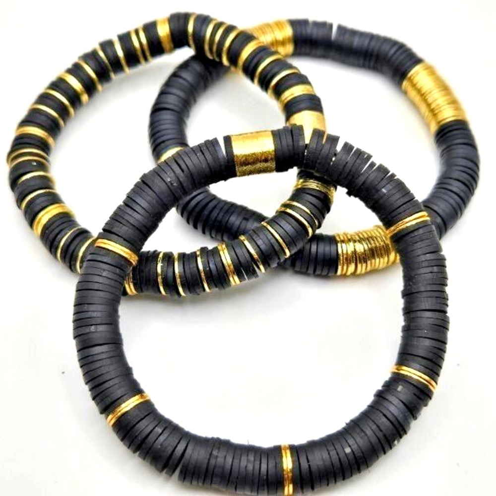 Set of 3 Black‎ and Goldtone Silicone Beaded Stretch Bracelets